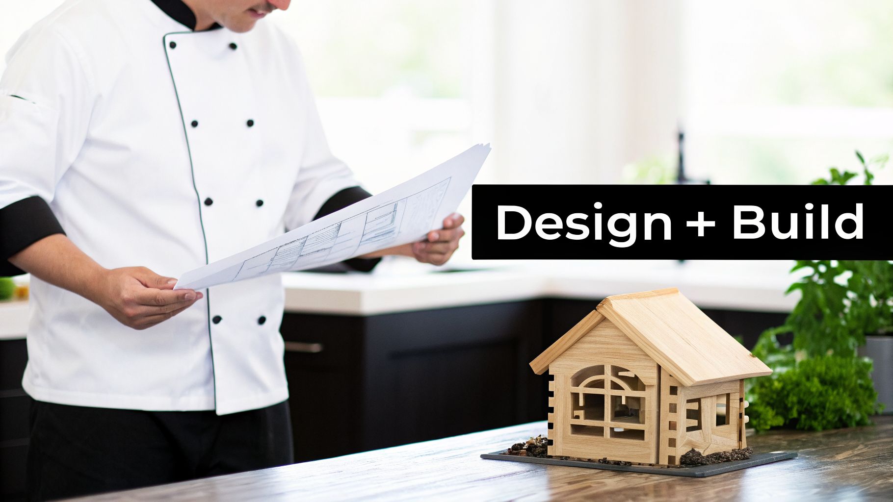 A person in a chef's jacket reviews architectural plans next to a wooden model house, with 'Design + Build' text.