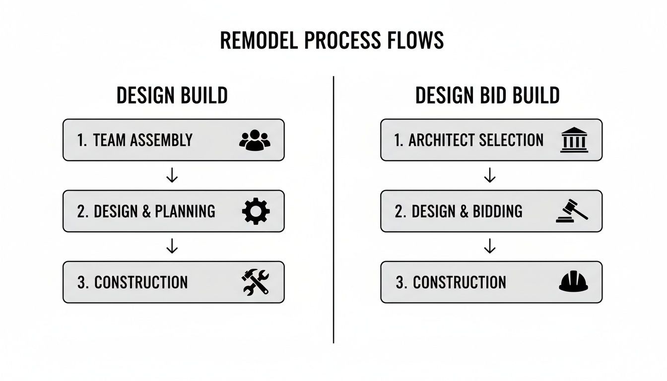 Detailed diagram comparing two remodel process flows: Design Build and Design Bid Build, outlining their key steps.