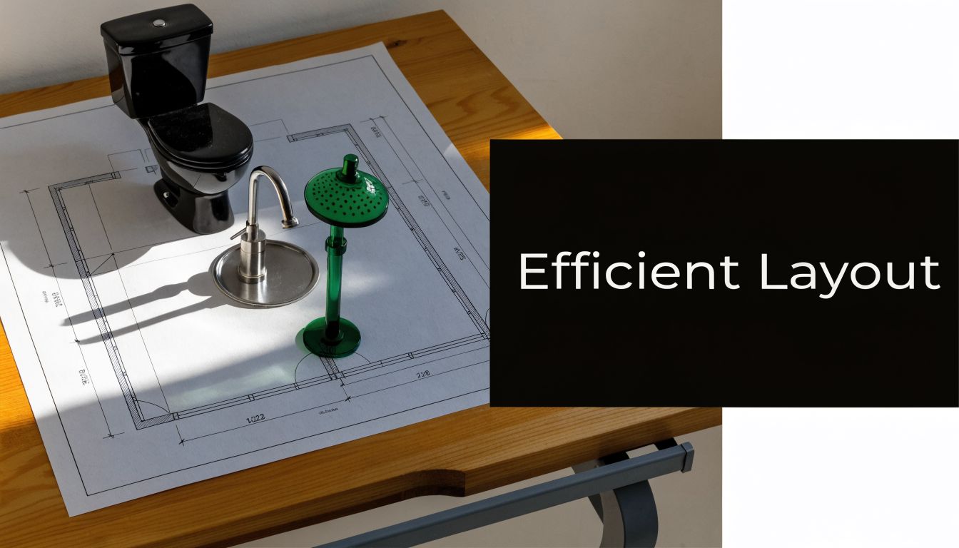 A miniature black toilet and shower head placed on a floor plan blueprint for bathroom design planning.