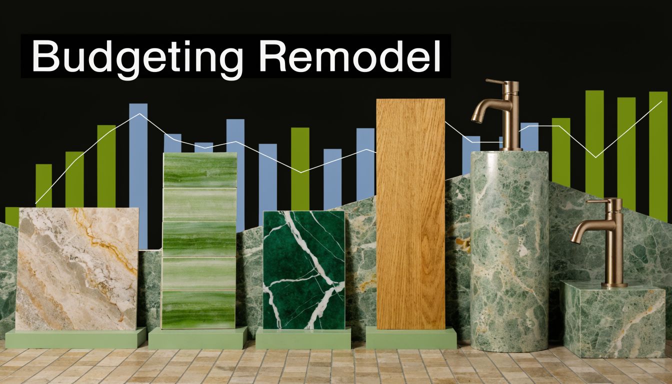 A conceptual display featuring marble tiles, wooden panels, and faucets against a background chart for bathroom renovation.