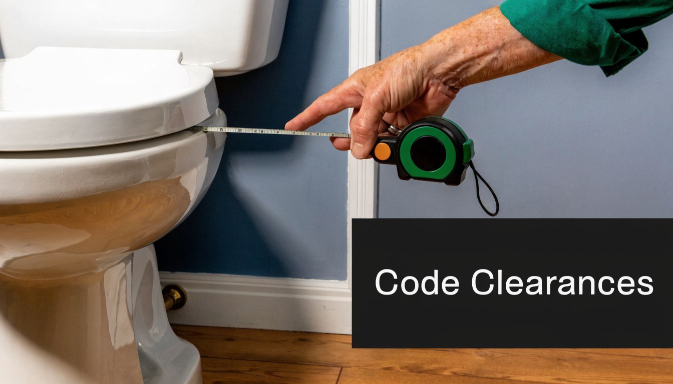 A person using a measuring tape to check the side clearance of a toilet in a bathroom.