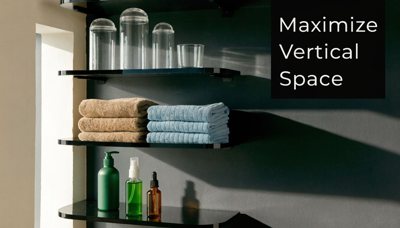 Three organized black wall shelves in a modern bathroom holding neatly stacked towels and clear containers.