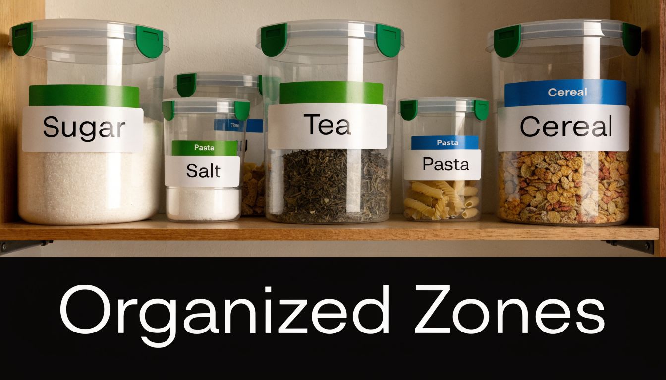Several clear pantry storage containers labeled with ingredients like sugar, salt, tea, pasta, and cereal.