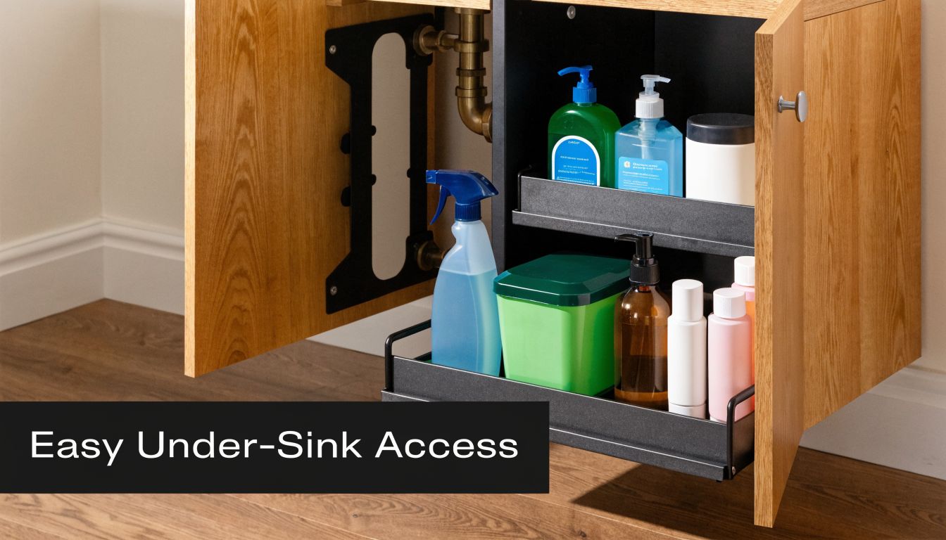 An open wooden bathroom cabinet featuring black metal pull-out drawers filled with various cleaning and grooming supplies.