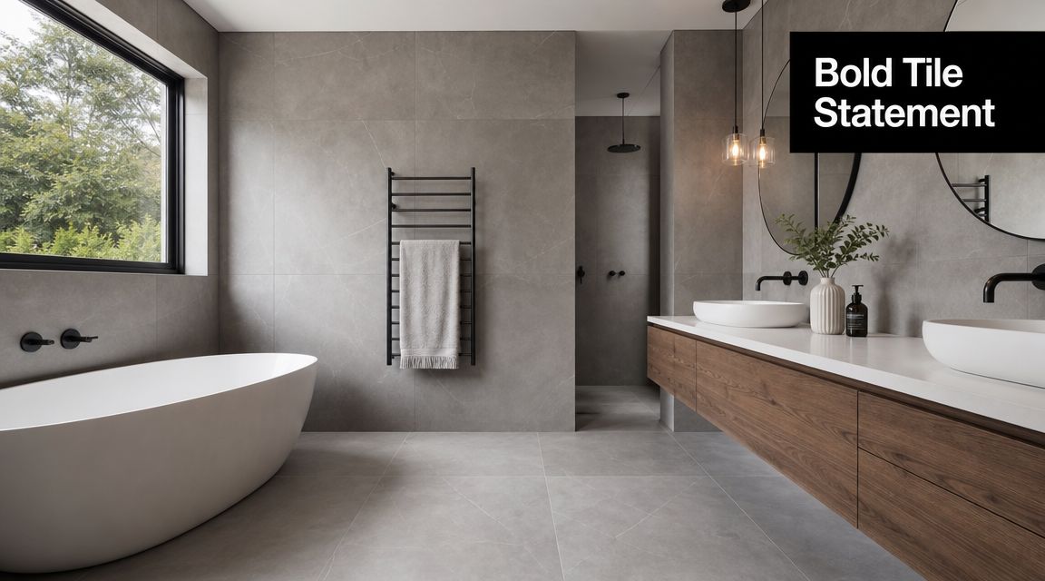 A modern bathroom featuring large grey marble tiles, a wooden floating vanity, and a freestanding white bathtub.