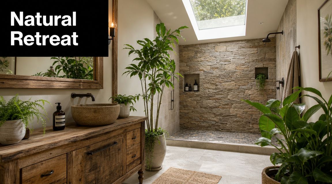 A modern rustic bathroom featuring a stone vessel sink, natural wood vanity, and a stone-walled shower.
