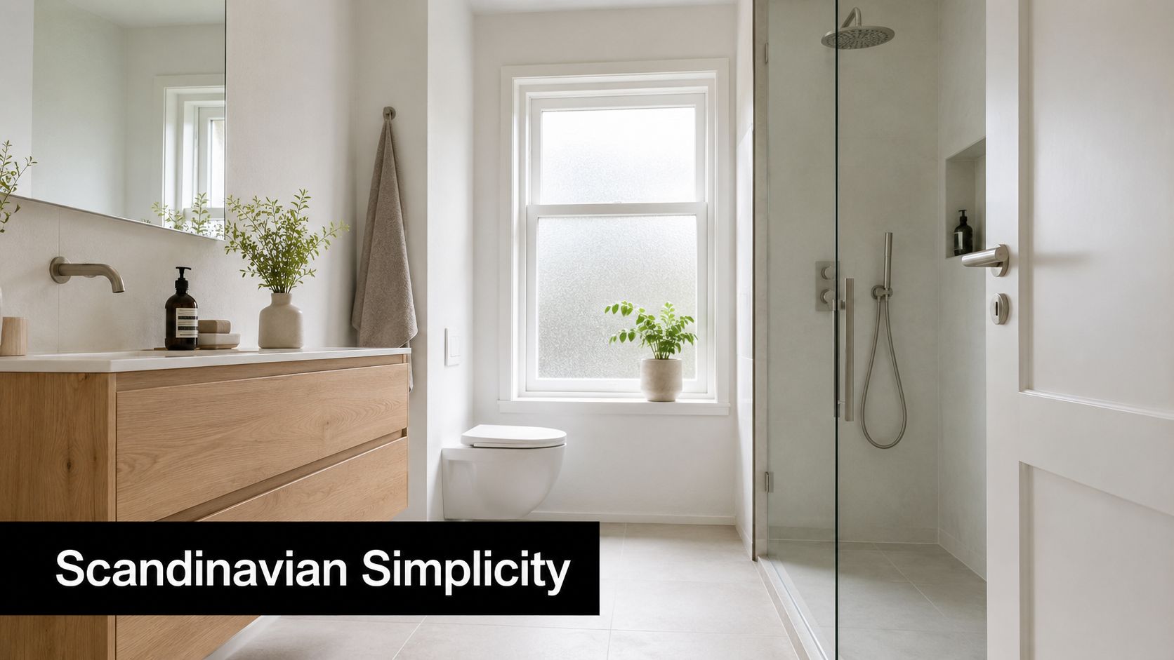 A modern minimalist bathroom featuring a wooden floating vanity, a walk-in shower, and a white toilet.