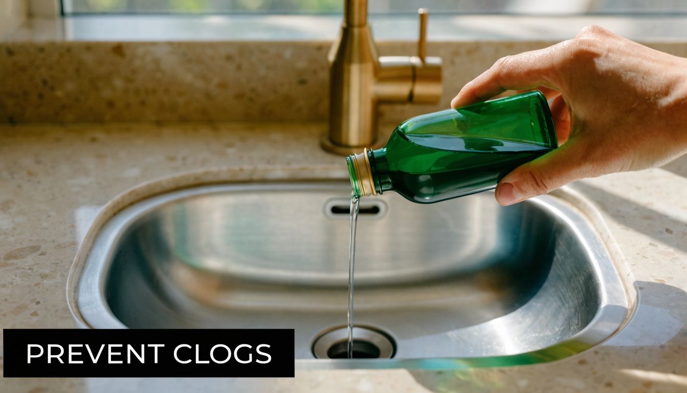 A hand pouring liquid from a green bottle into a bathroom sink drain to prevent clogs.