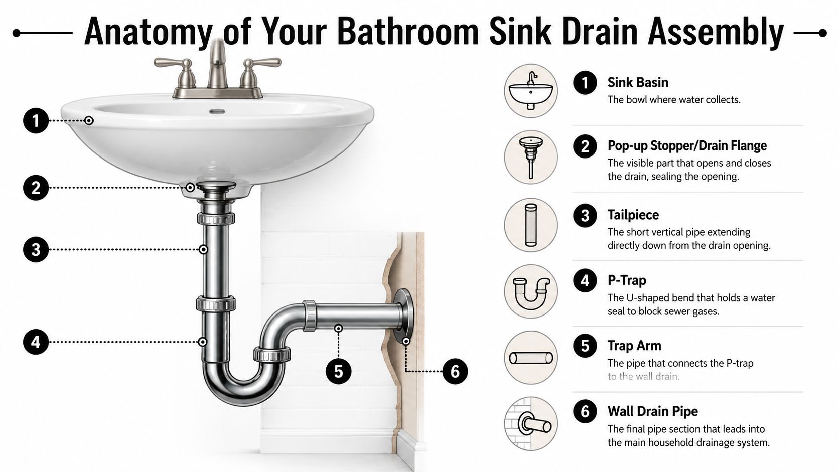 A labeled diagram illustrating the anatomy of a standard bathroom sink drain assembly with six numbered parts.