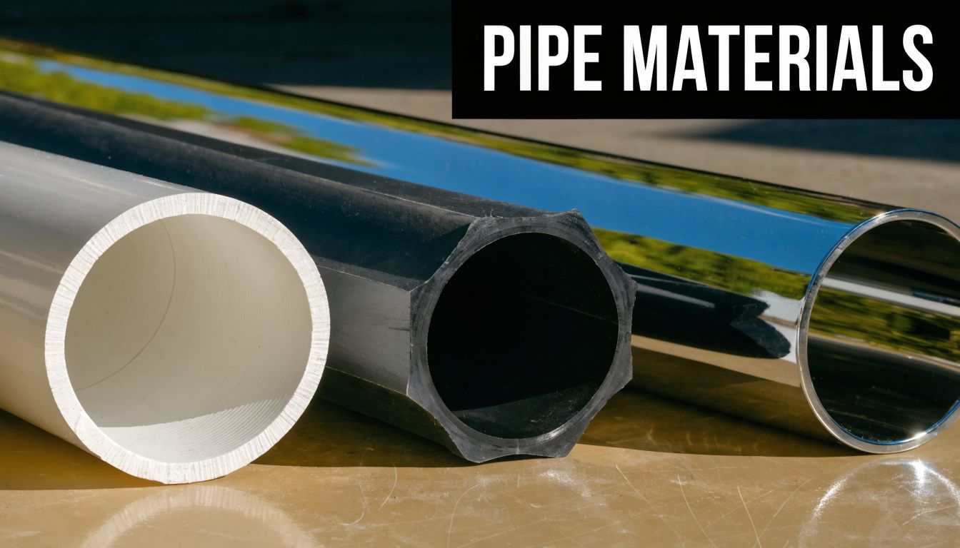 A close up view of three different types of plumbing pipe materials resting on a flat surface.