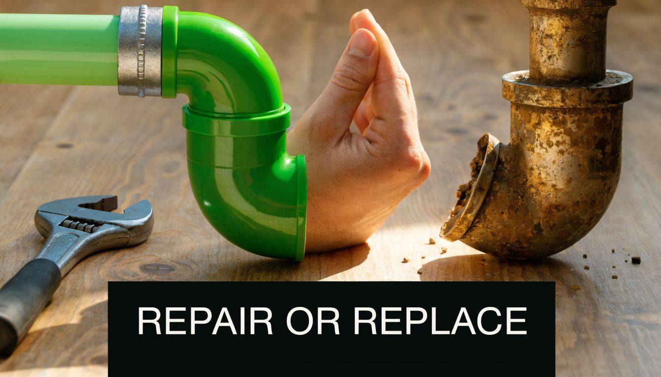 A hand emerging from a clean green pipe facing a corroded old metal drain pipe with tools.