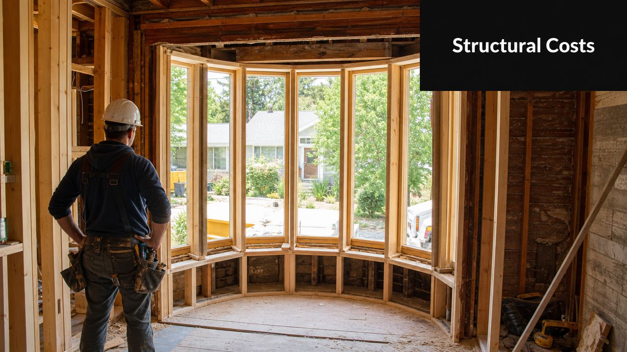 A construction worker wearing a hard hat observing the installation of a new bay window frame.