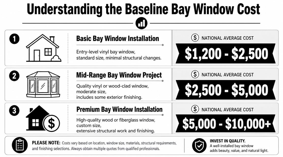 A chart showing the national average cost ranges for basic, mid-range, and premium bay window installations.