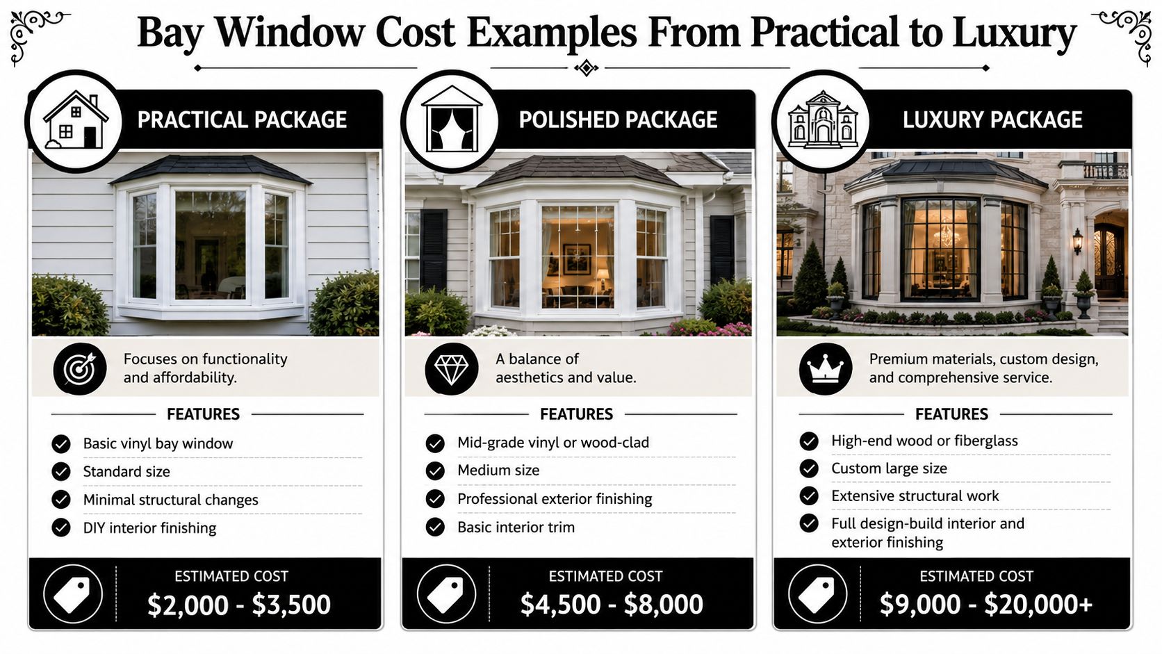 A comparison chart showing the different costs and features of practical, polished, and luxury bay window installations.