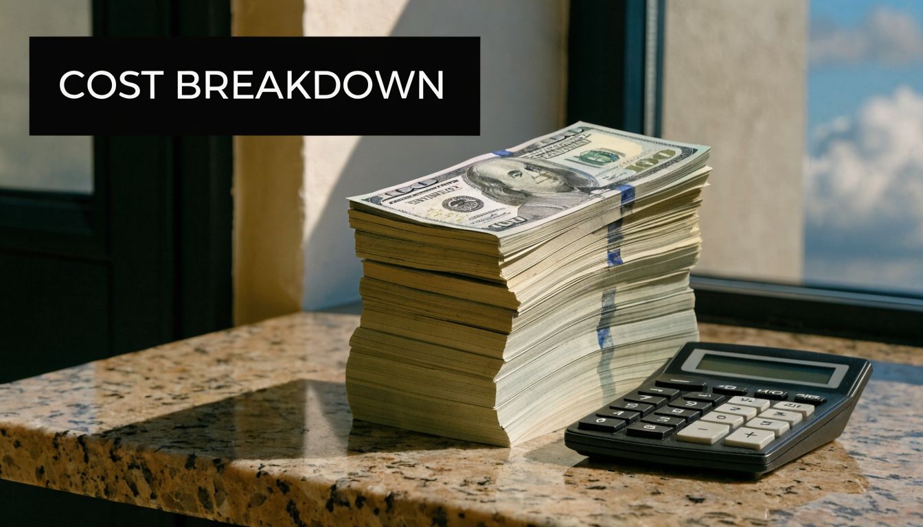A stack of hundred-dollar bills resting on a marble surface next to a black financial calculator.