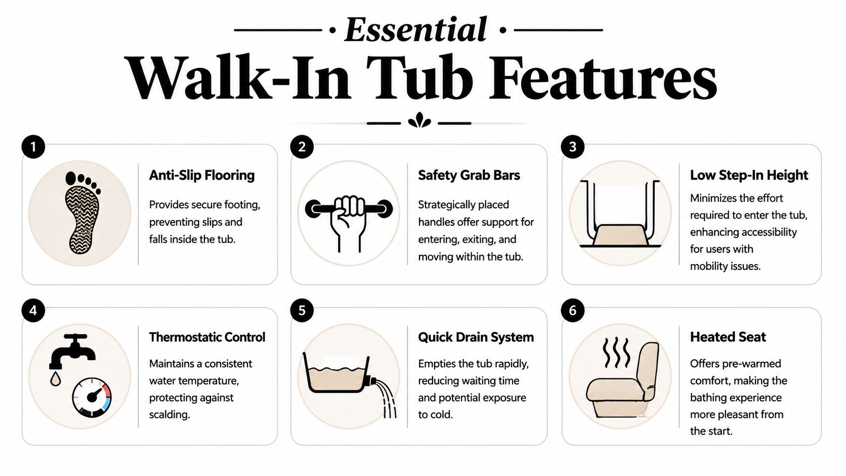 A graphic illustration detailing six essential safety and comfort features for walk-in tubs for seniors.