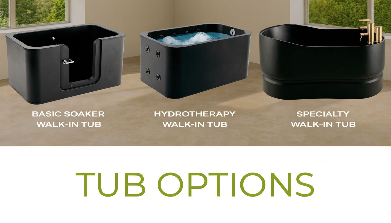 Three different styles of black walk-in bathtubs for seniors displayed on a light background.
