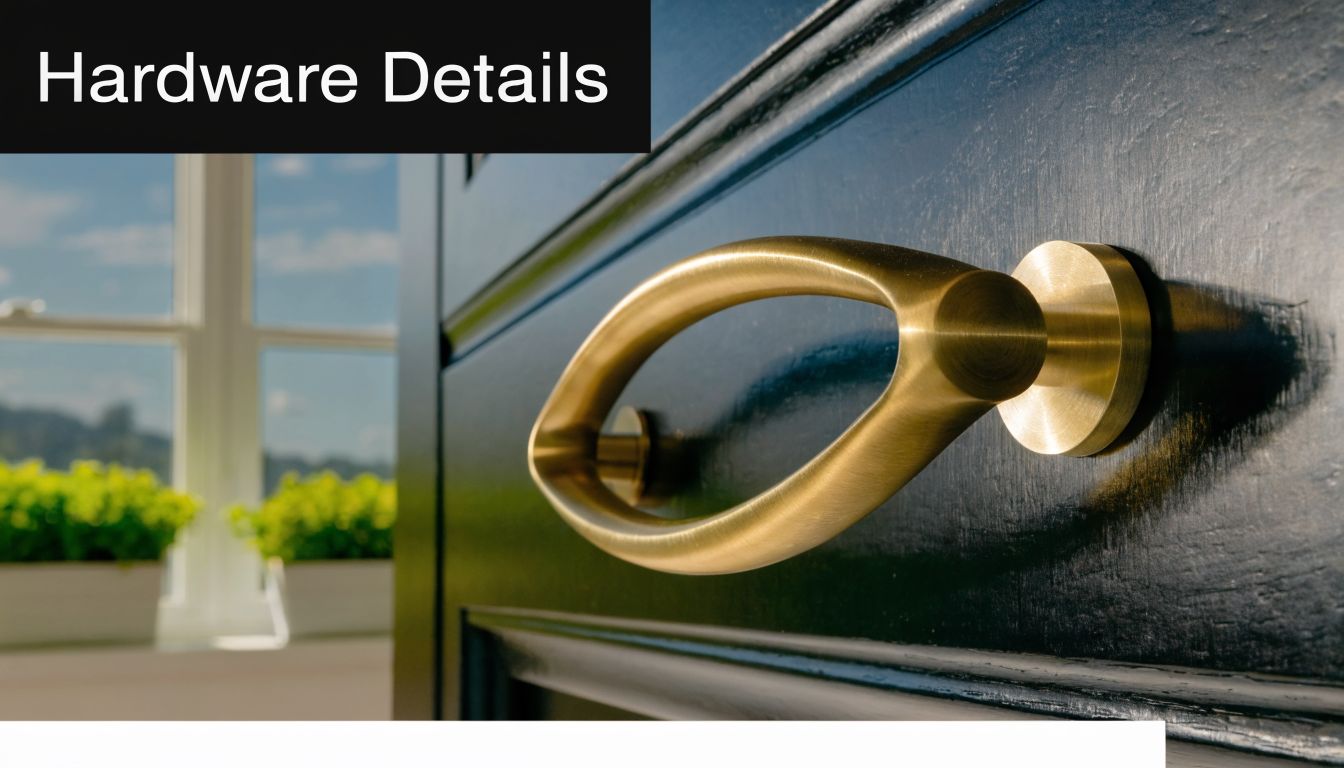 A close up view of a modern brass cabinet pull attached to a black kitchen cabinet door.