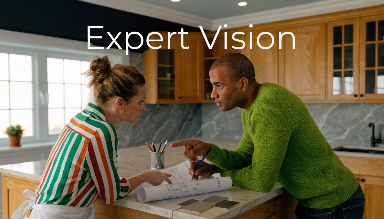 A woman and a man in a kitchen discussing home renovation blueprints together at a marble island.