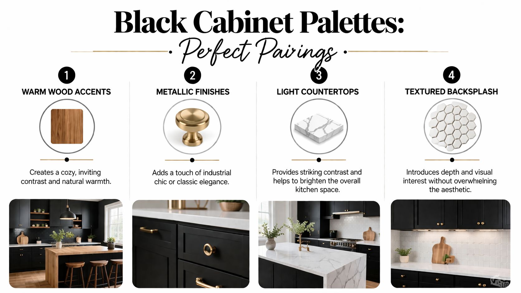 A graphic design showing four perfect interior design pairings for black kitchen cabinets, including wood, metallic, stone, and tile.
