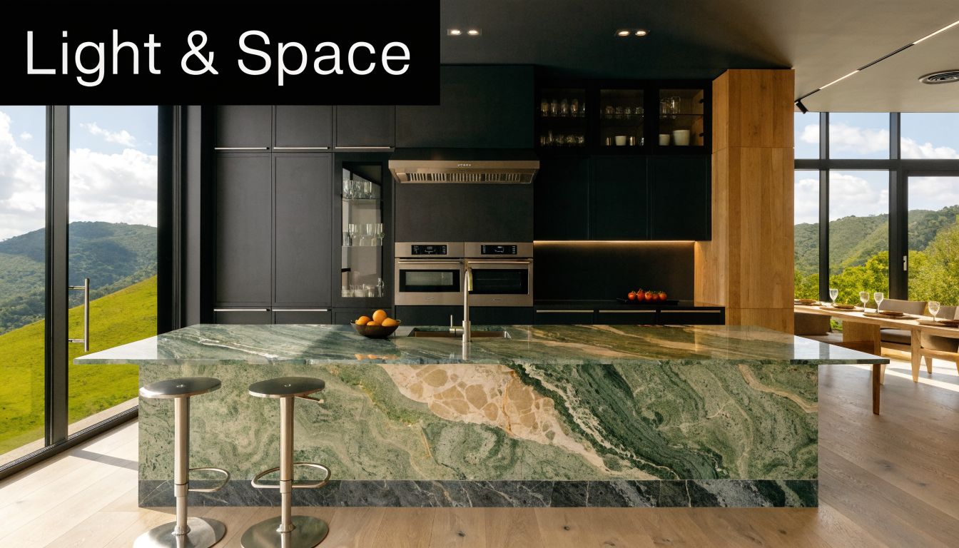 A modern luxury kitchen featuring dark black cabinets, a striking green marble kitchen island, and scenic mountain views.