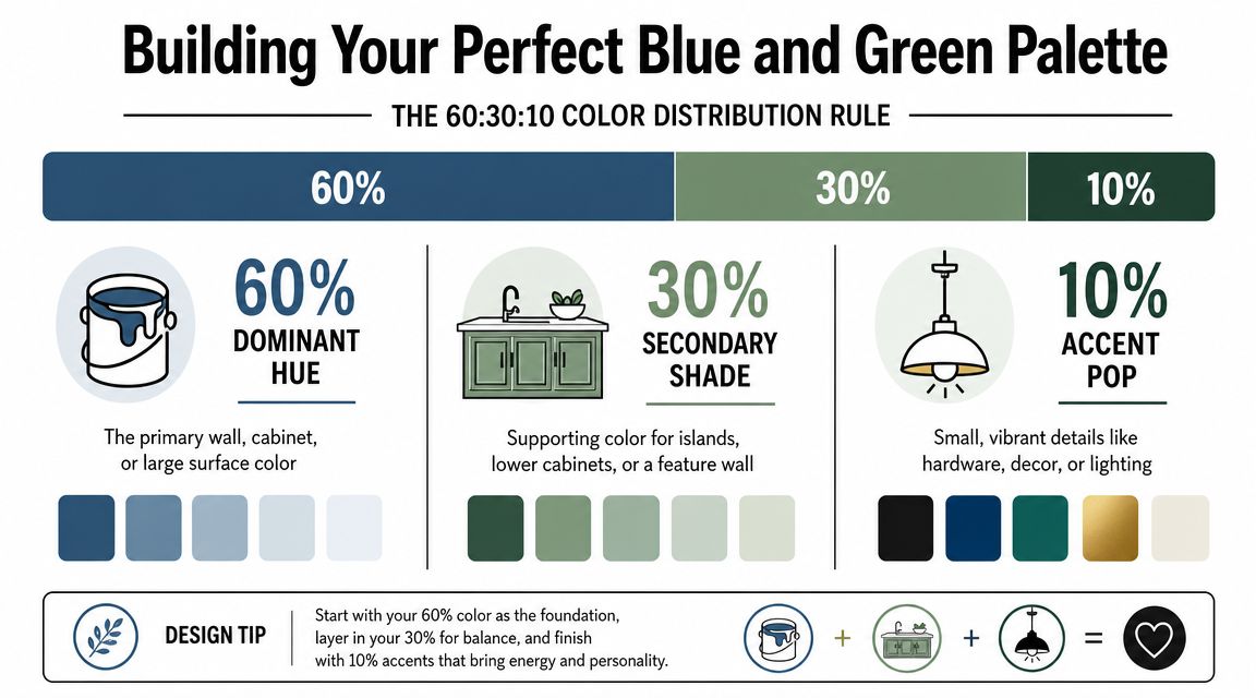 An infographic illustrating the 60-30-10 interior design color rule for a blue and green kitchen palette.