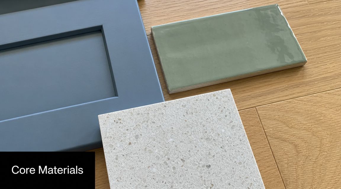 Design board featuring a blue cabinet door, a green subway tile, and a speckled white countertop sample.