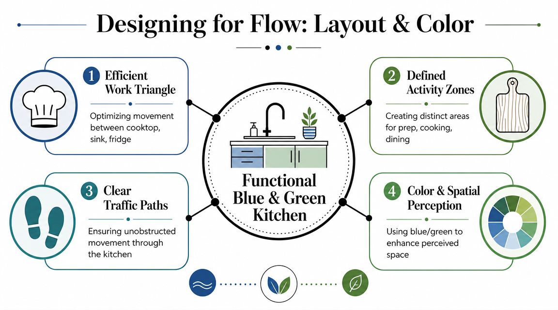 An infographic detailing design principles for creating a functional blue and green kitchen with four steps.