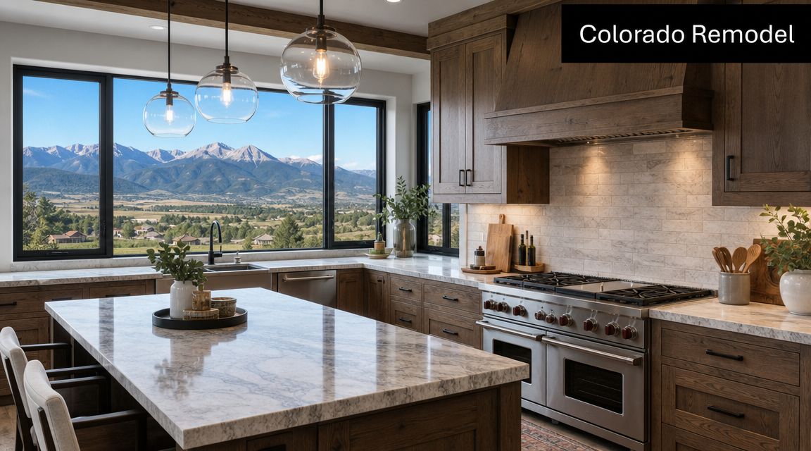 A luxurious kitchen with wood cabinets, marble countertops, and a stunning view of snowy mountain peaks.