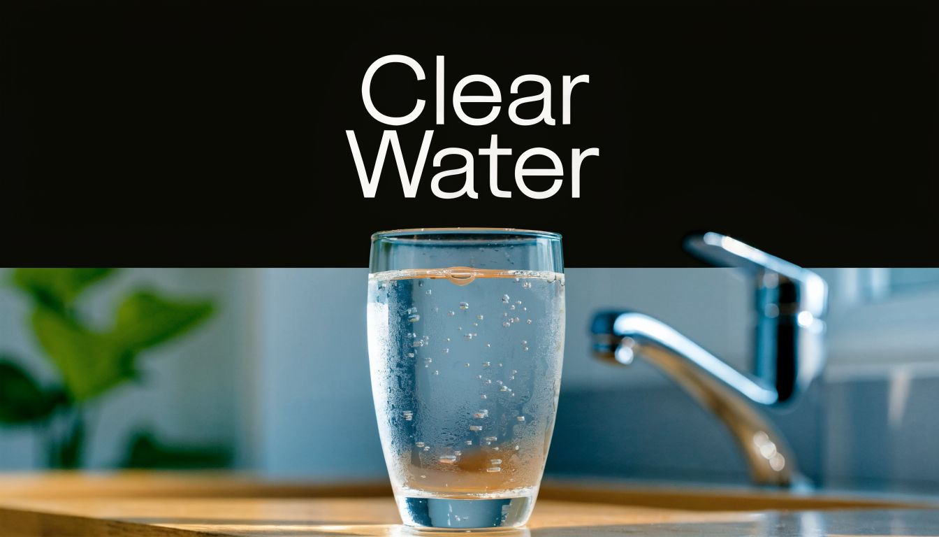 A glass of carbonated clear water placed on a wooden surface next to a kitchen sink faucet.