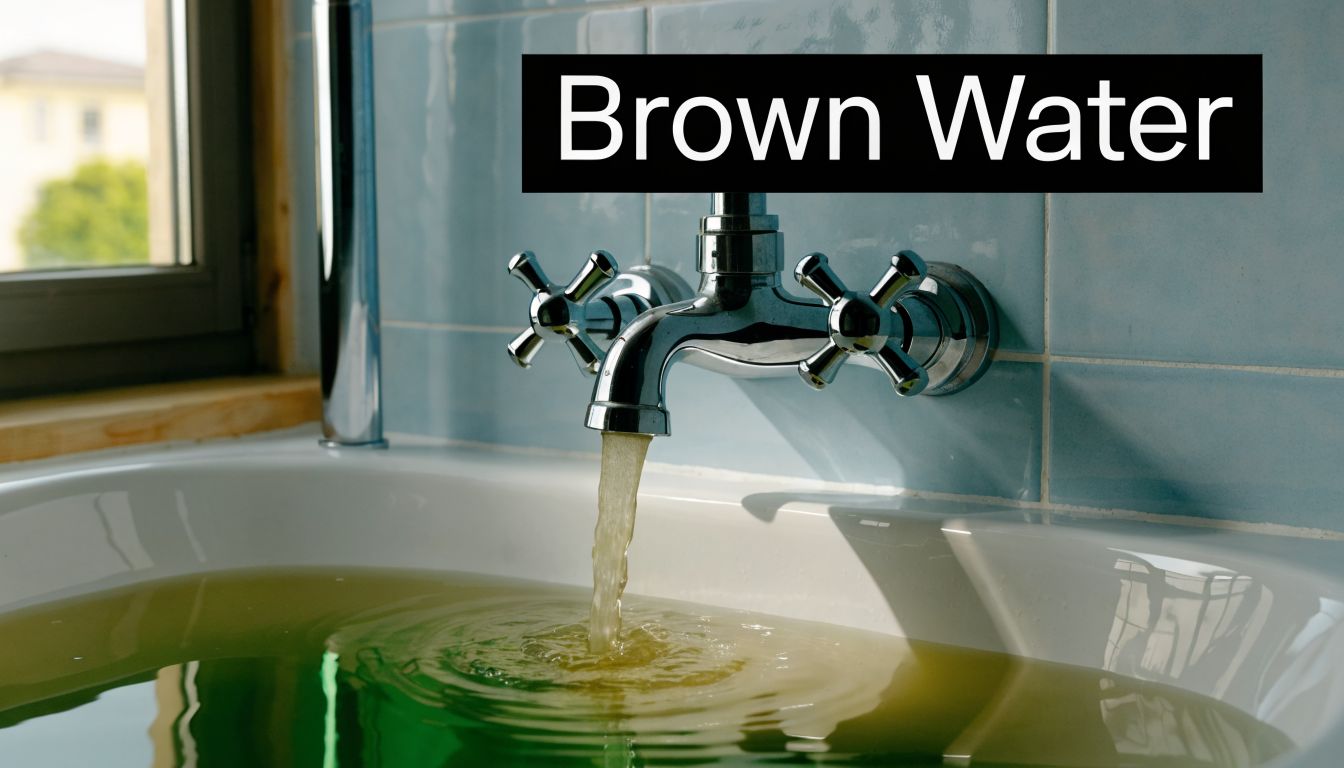 A chrome bathtub faucet running discolored, murky brown water into a white bathtub basin.