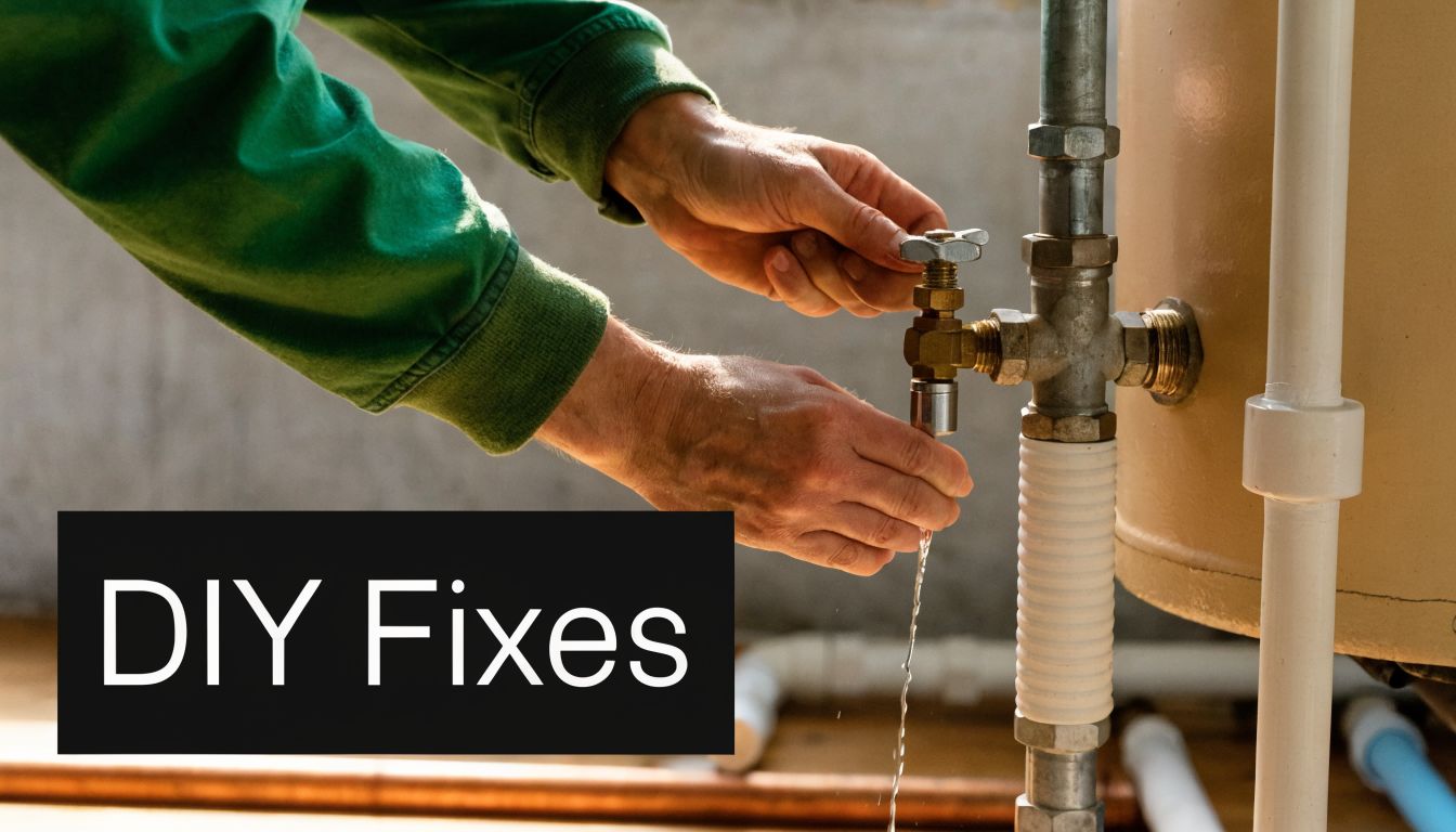 A person in a green work jacket inspecting a leaking pipe valve near a water heater tank.