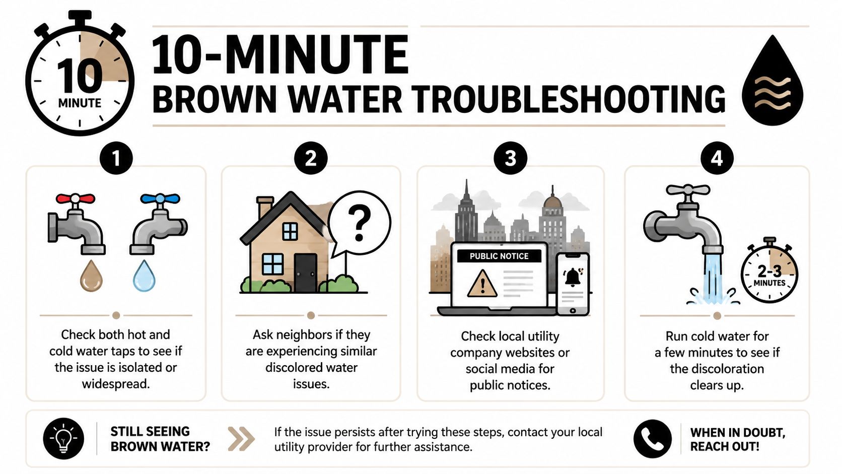 An infographic titled 10-minute brown water troubleshooting outlining four simple steps to identify and resolve discolored water.