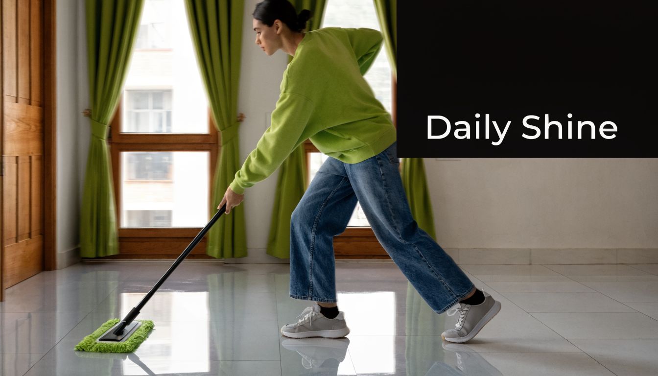 A woman in a green sweatshirt cleaning a glossy porcelain tile floor with a mop at home.
