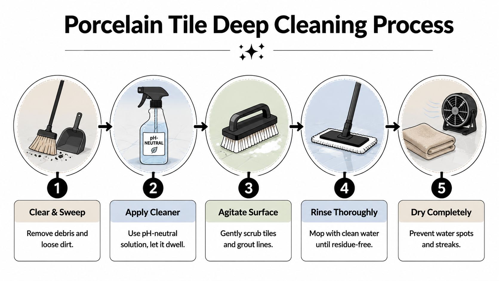 A step-by-step infographic illustrating the professional deep cleaning process for porcelain tile floors from start to finish.