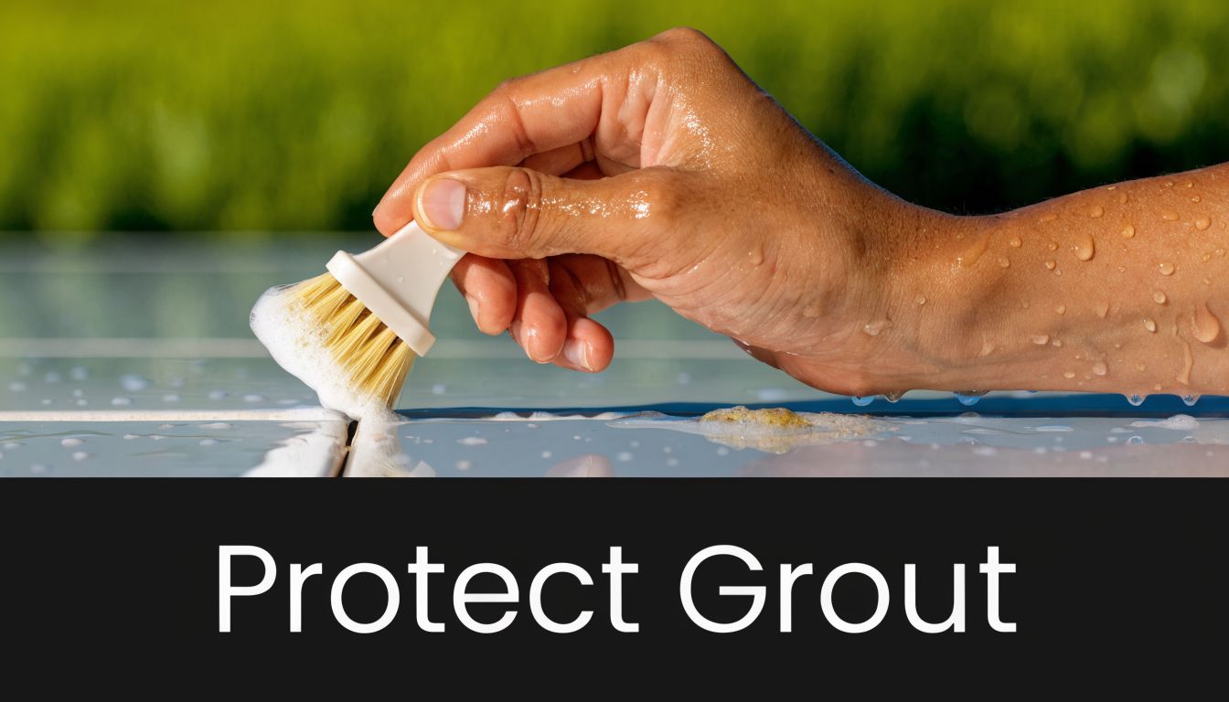 A close-up view of a person using a small brush to scrub grout lines on tile flooring.