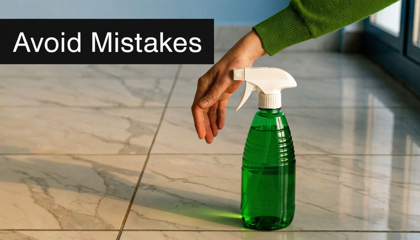 A person in a green sweater holding a spray bottle over white porcelain floor tiles.