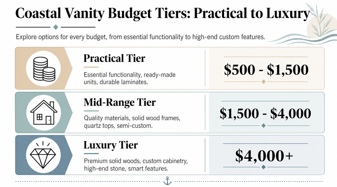 A chart detailing three budget tiers for coastal bathroom vanities, ranging from practical to luxury pricing.