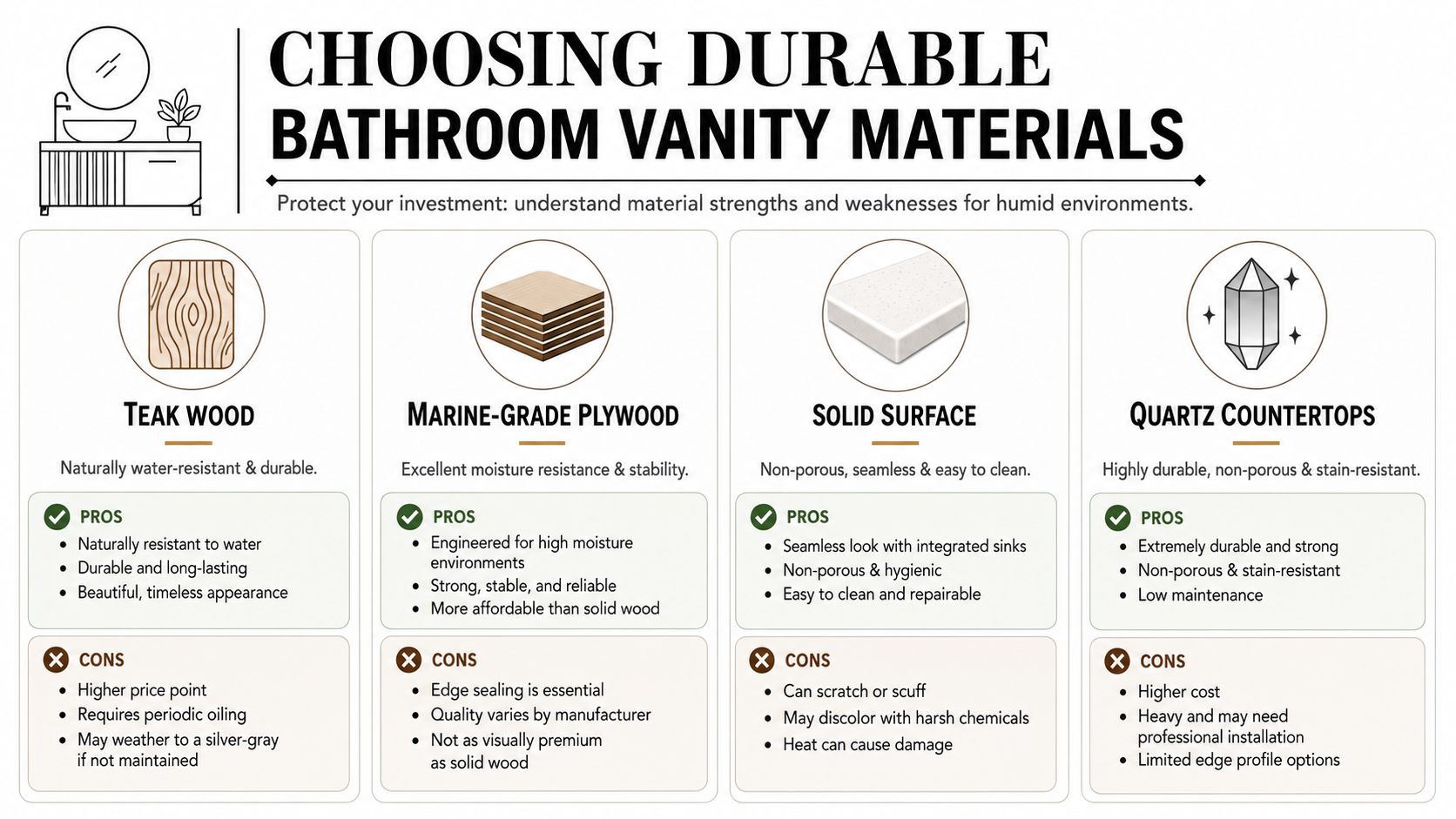 An infographic comparing pros and cons of bathroom vanity materials including teak wood, plywood, solid surface, and quartz.