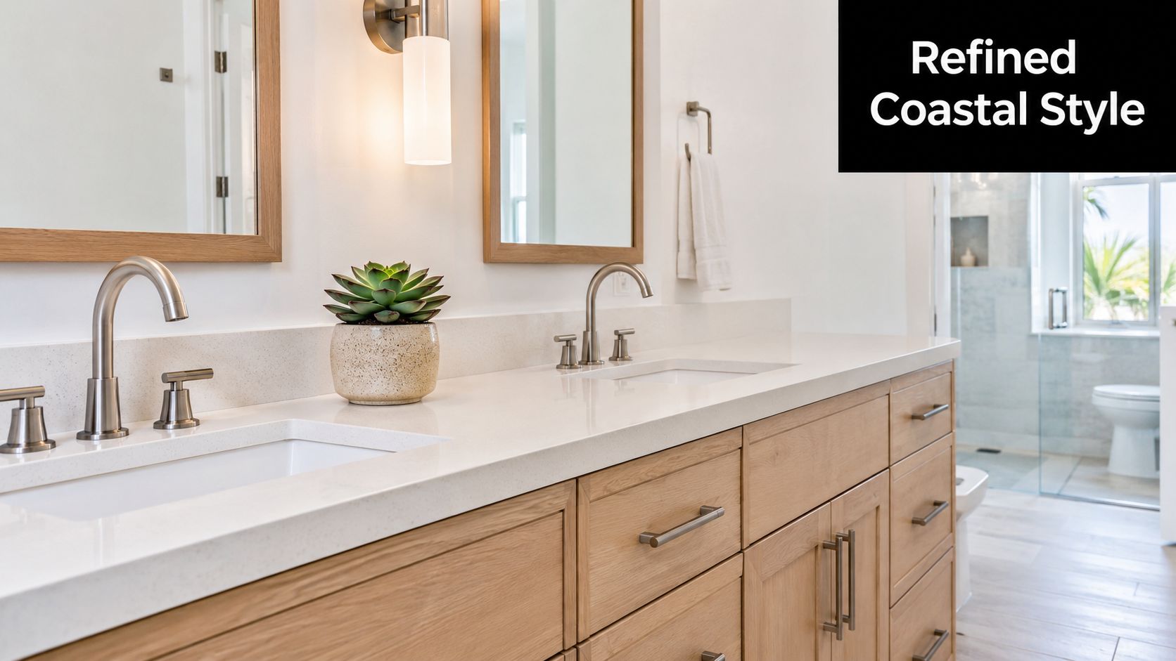 A modern coastal style bathroom vanity featuring double sinks, light oak wood cabinets, and elegant silver fixtures.
