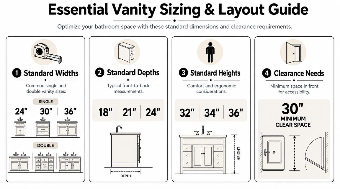 A guide illustrating standard vanity sizing and layout measurements for bathroom planning and furniture installation.