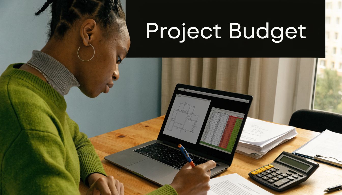 A young woman working at a laptop on a project budget, examining architectural plans and financial data.