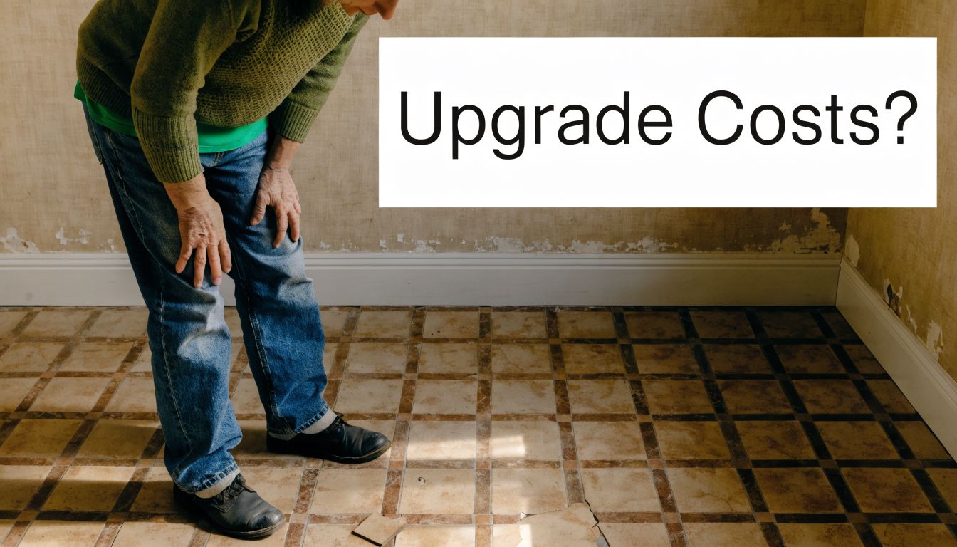 An elderly person looking down at a damaged and outdated tiled floor in need of renovation.