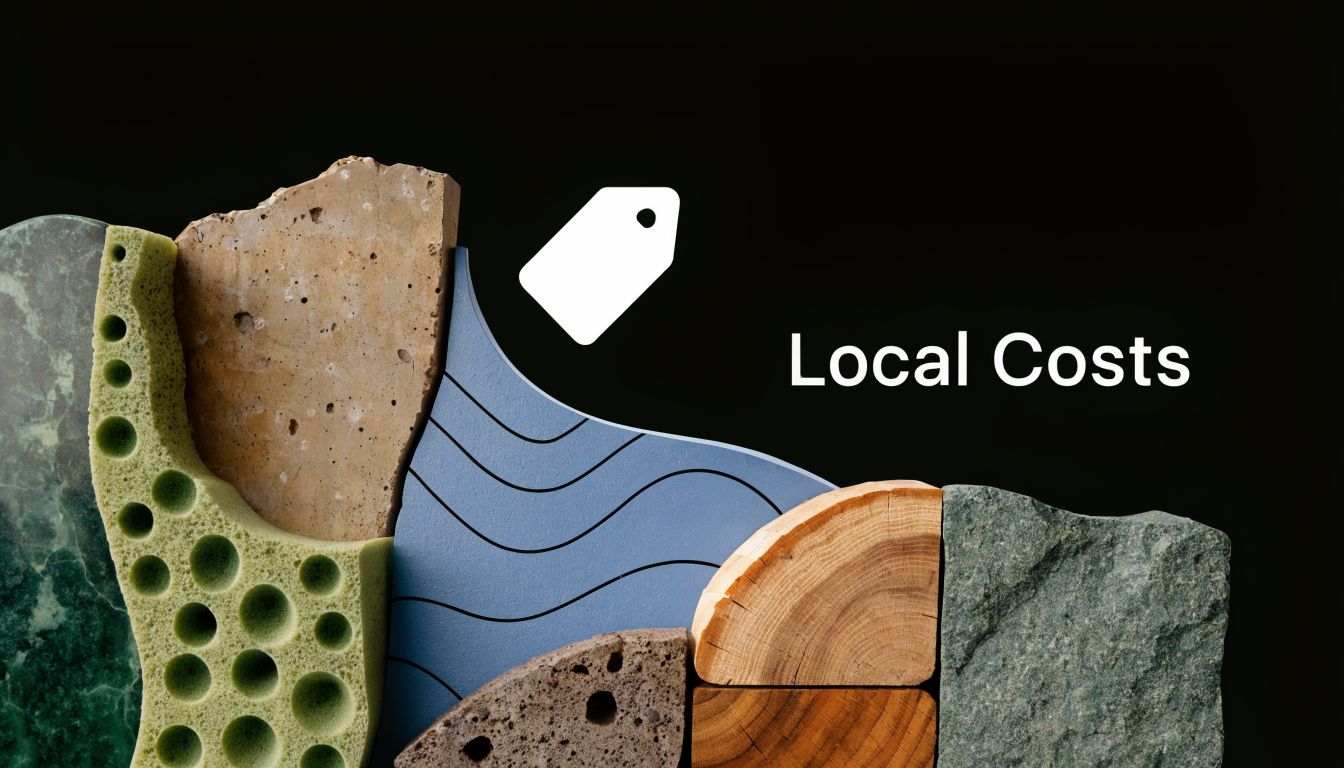 A creative composition of various natural textures like stone, wood, and sponge next to the text Local Costs.