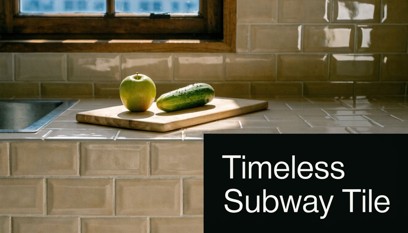 An apple and a cucumber resting on a wooden cutting board against a tan subway tile backsplash.