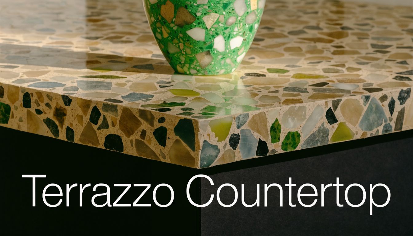 A close up view of a decorative terrazzo countertop with colorful stone chips on a black base.