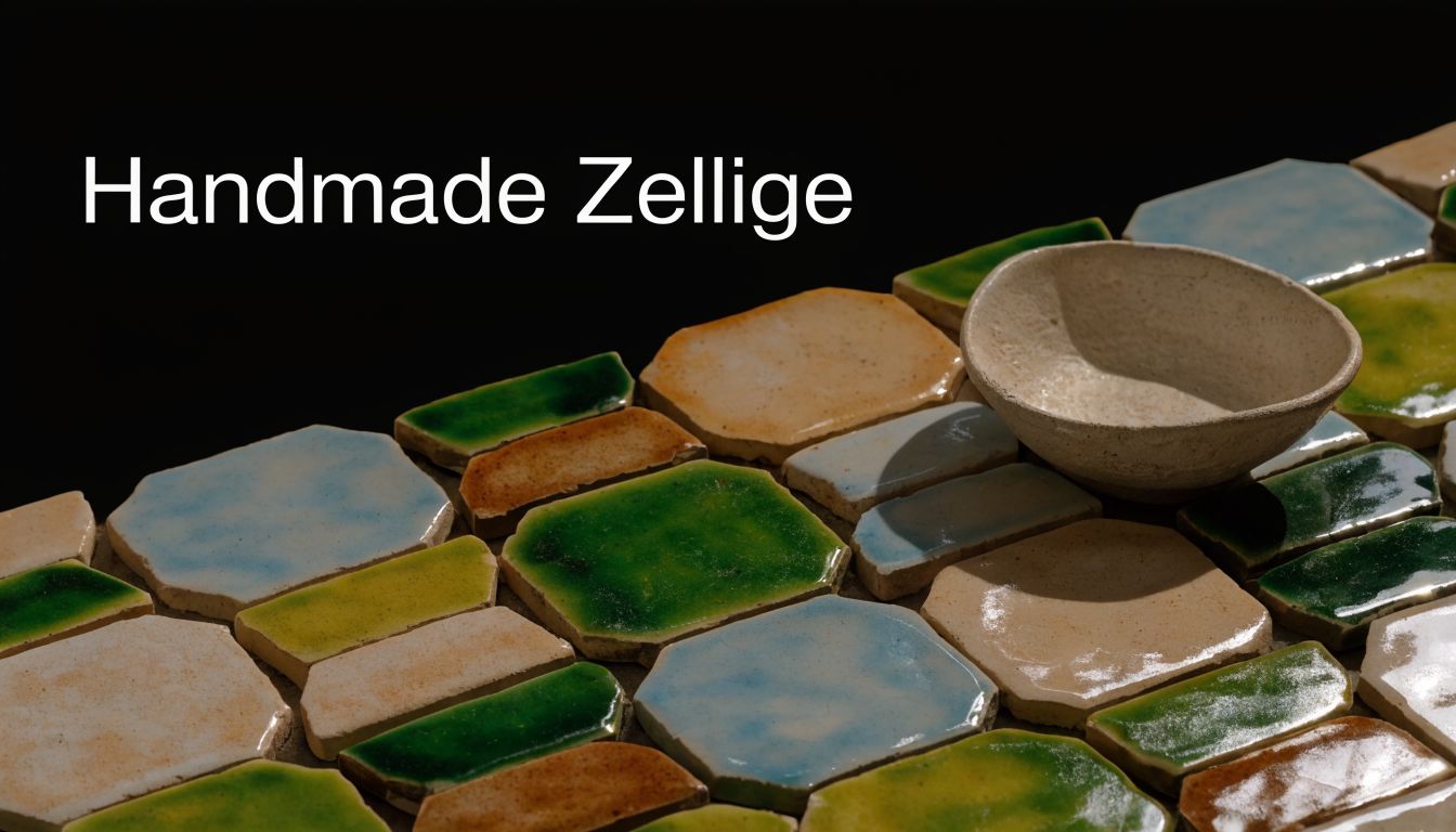 A top-down view of various handmade Moroccan zellige tiles arranged in an artistic, textured mosaic pattern.