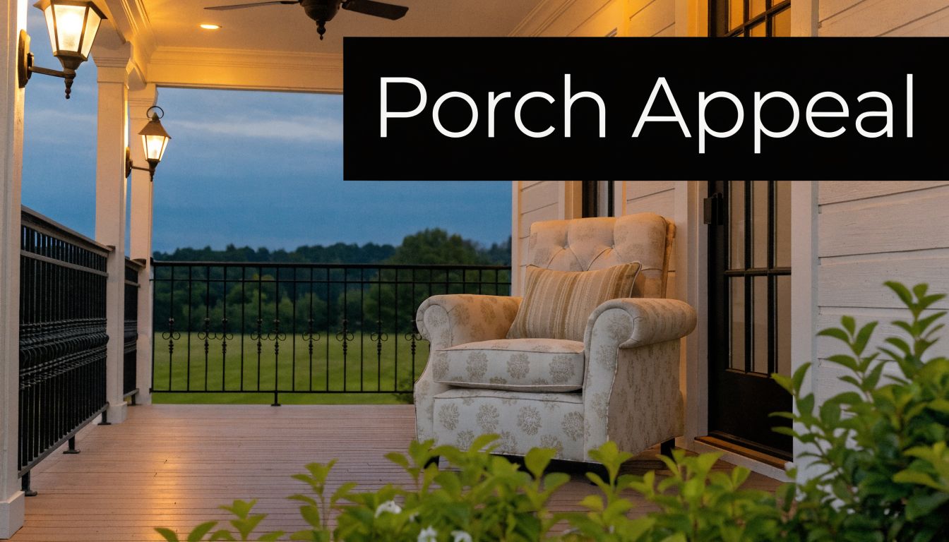 A cozy, light-colored armchair sits on a covered front porch overlooking a peaceful green landscape at dusk.