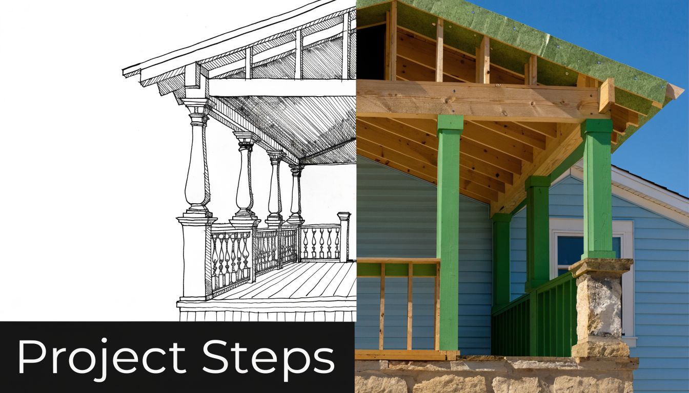 A split image showing a sketch of a covered front porch design next to the real-world construction.