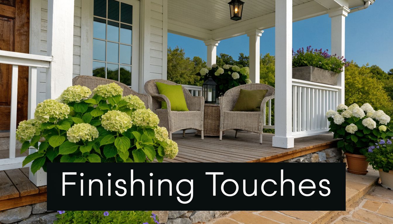 A cozy, covered front porch featuring wicker chairs, potted hydrangeas, and greenery on a bright sunny day.